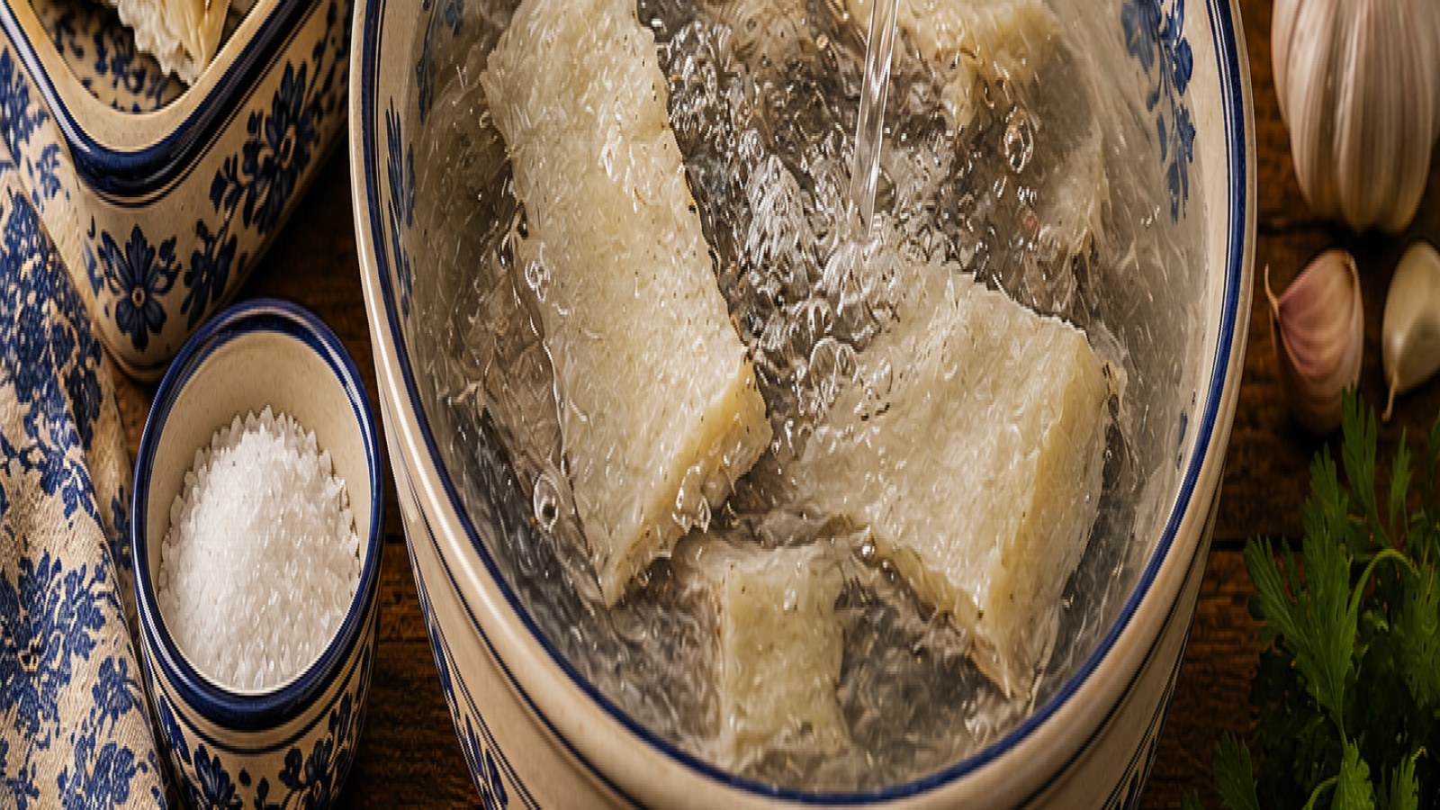 Mano vertiendo agua fría sobre filetes de bacalao en recipiente de cerámica portuguesa