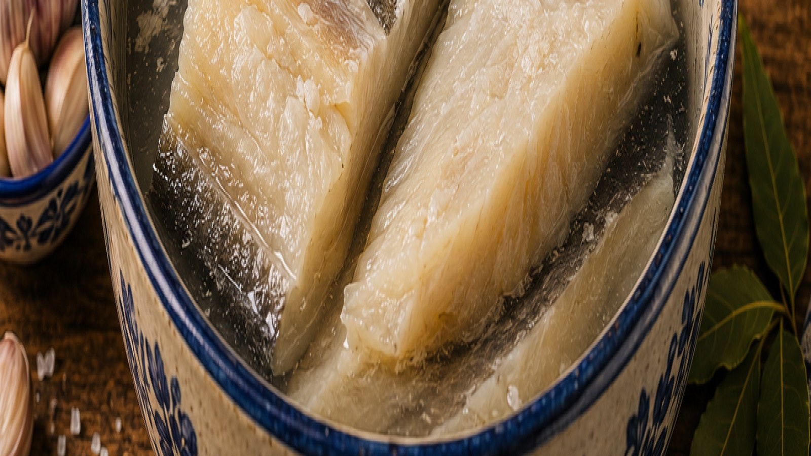 Filetes de bacalao en recipiente con agua fría, listos para el inicio del desalado en la nevera