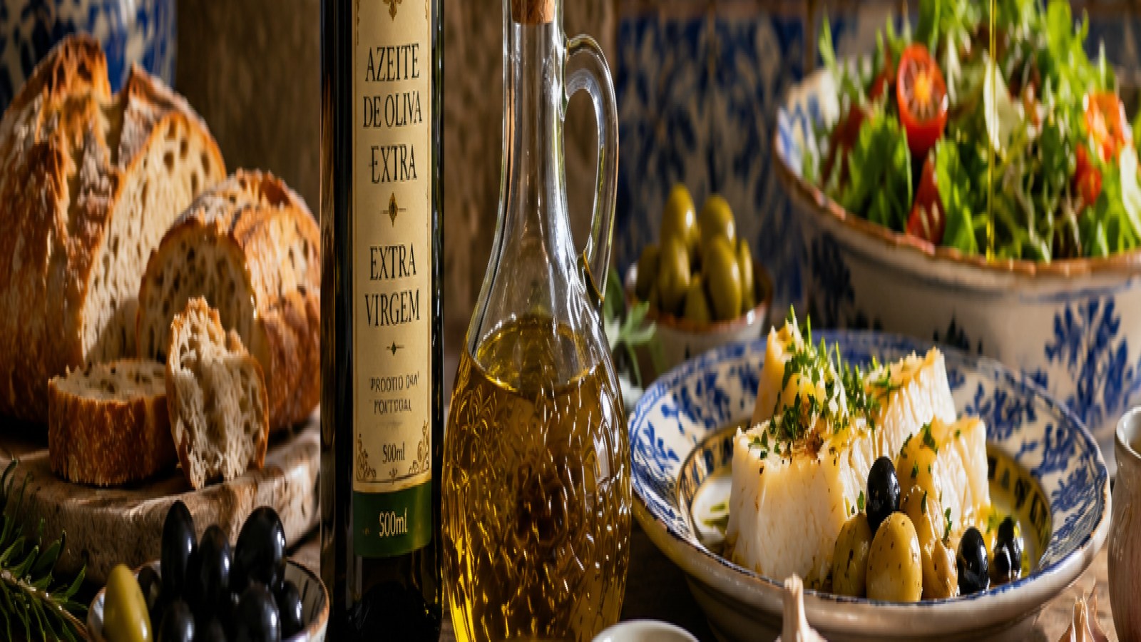 Aceite portugués con botella, aceitunas, pan, hierbas y elementos de la cocina portuguesa en composición gastronómica premium del Empório Portugal