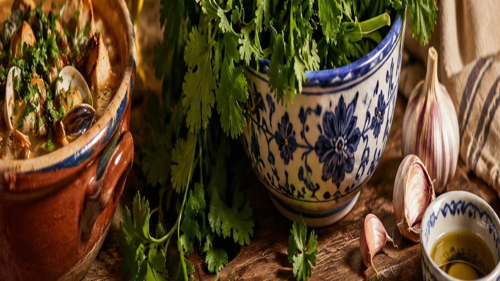 Cilantro fresco con aceite, ajo, vajilla portuguesa e ingredientes de la cocina portuguesa en composición gastronómica premium del Empório Portugal