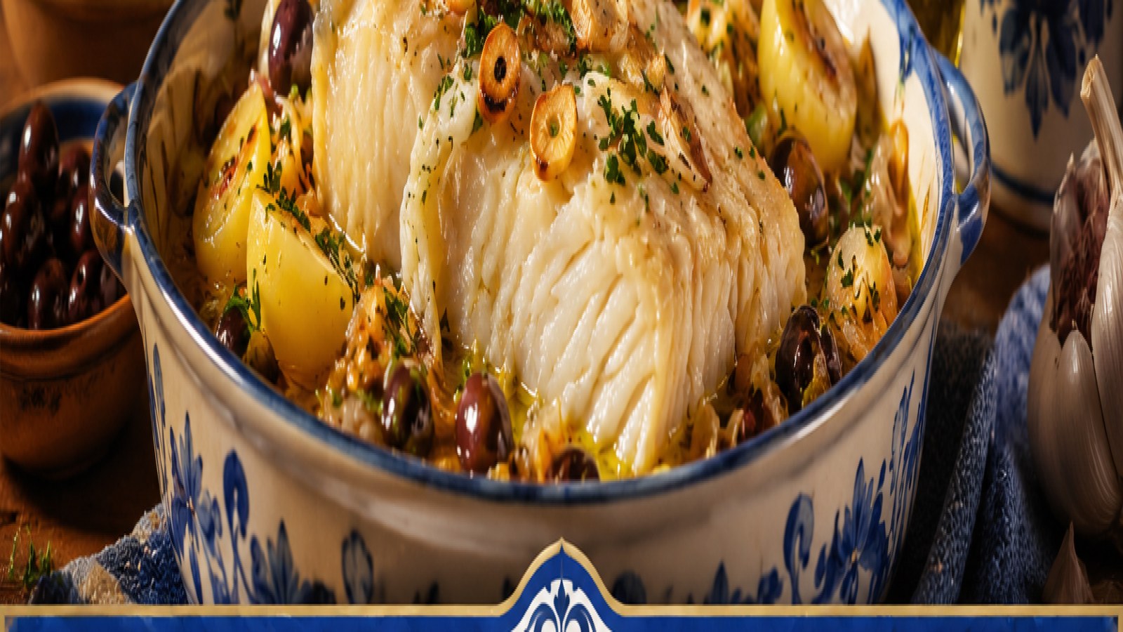 Bacalhau português macio e suculento com azeite, alho, cebola, ervas e batatas em composição gastronômica premium do Empório Portugal