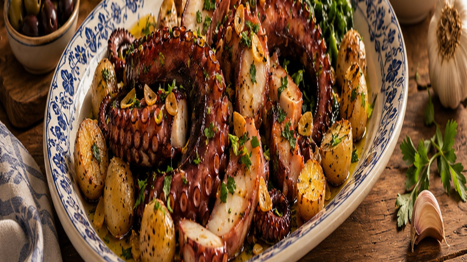 Pulpo portugués tierno con aceite, ajo, hierbas y acompañamientos en composición gastronómica premium del Empório Portugal
