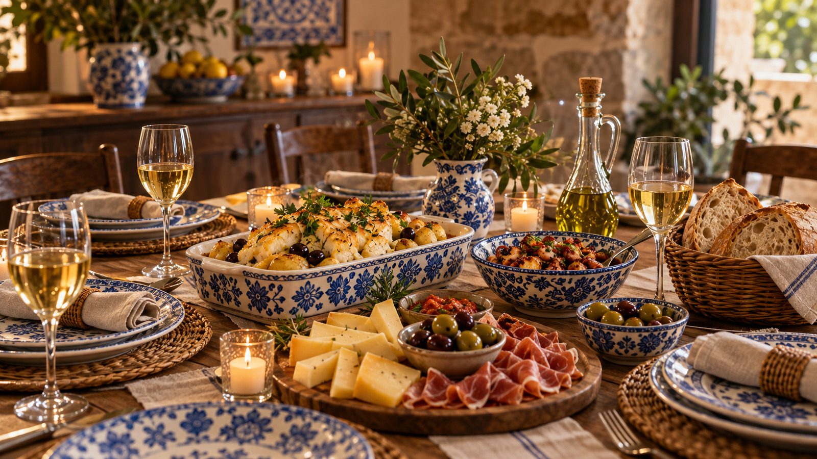 Mesa portuguesa preparada para invitados con vajillas, fuentes, bacalao, panes, aceite, vinos y dulces en composición premium del Empório Portugal