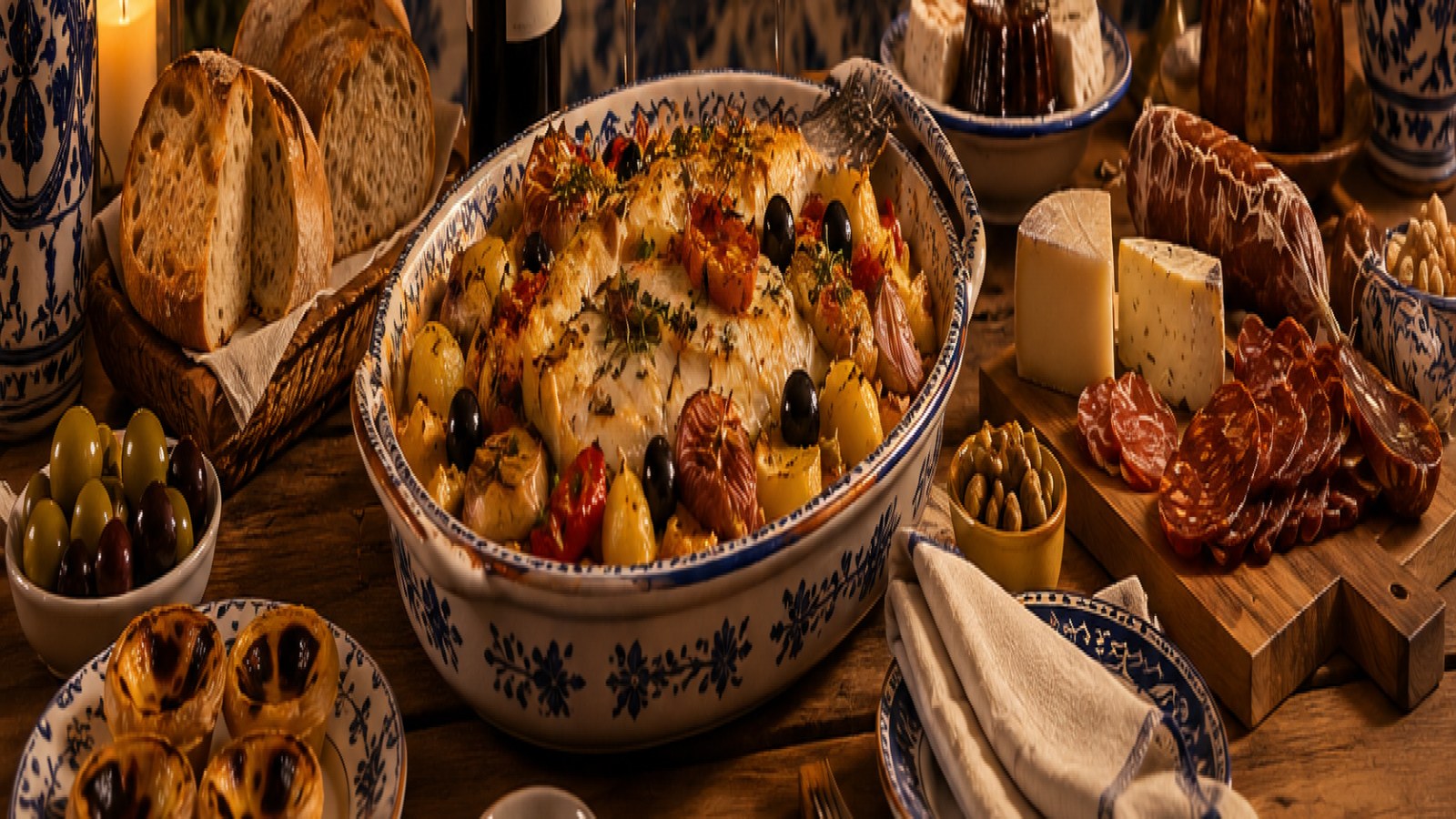 Mesa preparada para una noche portuguesa en casa con bacalao, aperitivos, quesos, embutidos, vino y decoración premium del Empório Portugal
