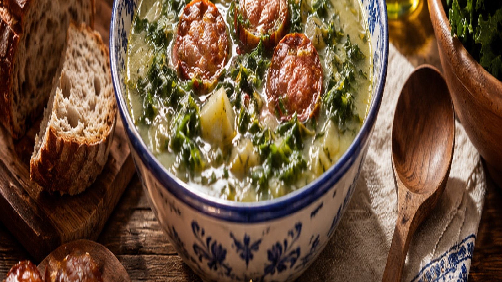 Caldo verde portugués con col cortada fina, patata, chorizo, aceite y pan rústico en composición gastronómica premium del Empório Portugal
