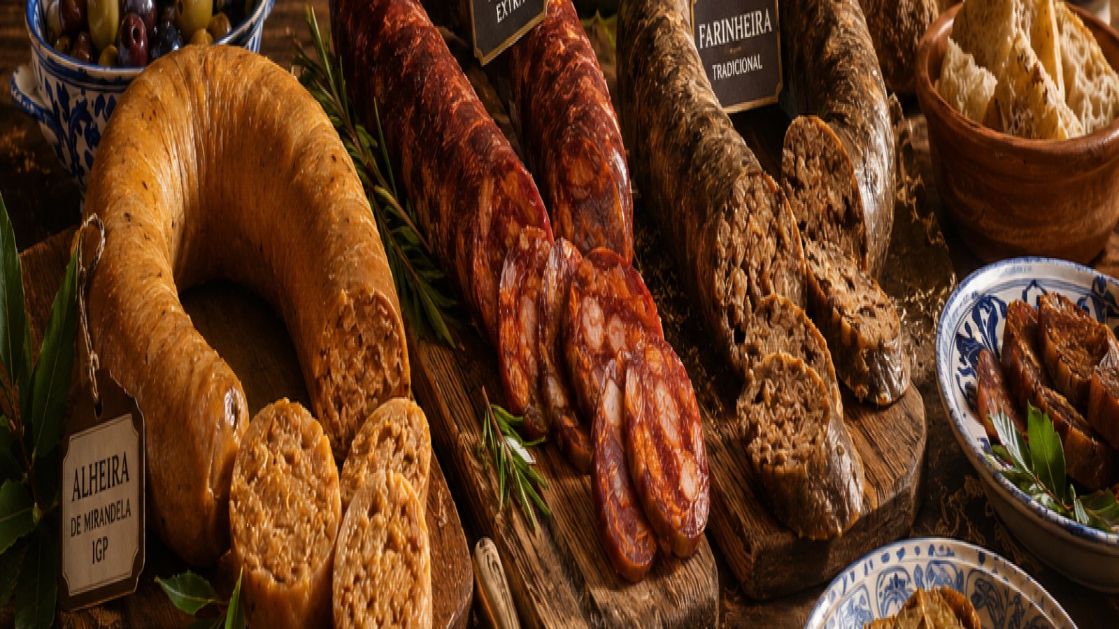 Selección de embutidos portugueses con alheira, chouriço, farinheira, pan, aceitunas y elementos de la mesa portuguesa en composición gastronómica premium del Empório Portugal