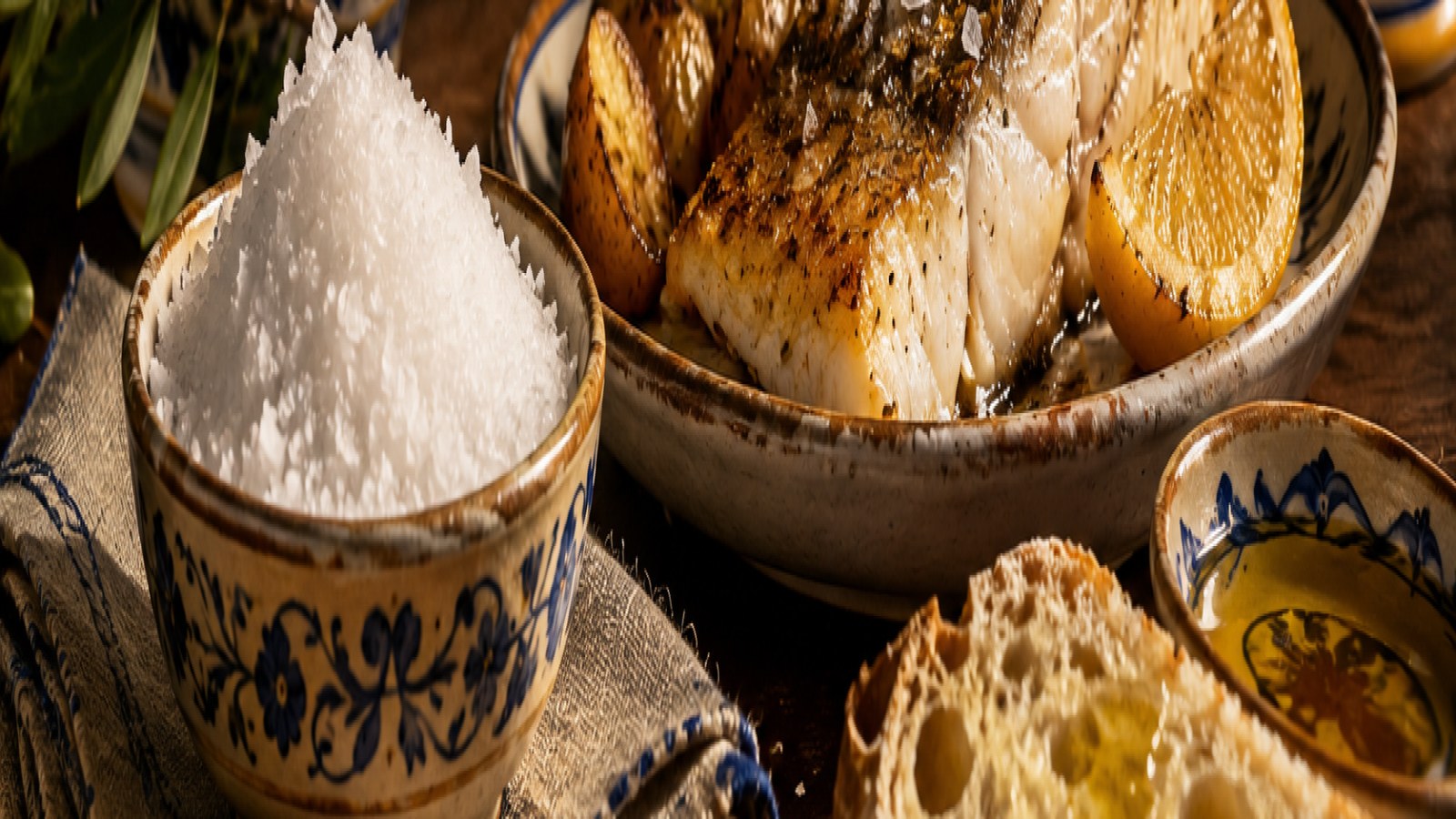 Flor de sal portuguesa siendo utilizada en la finalización de pescado, patatas y pan con aceite en composición gastronómica premium del Empório Portugal