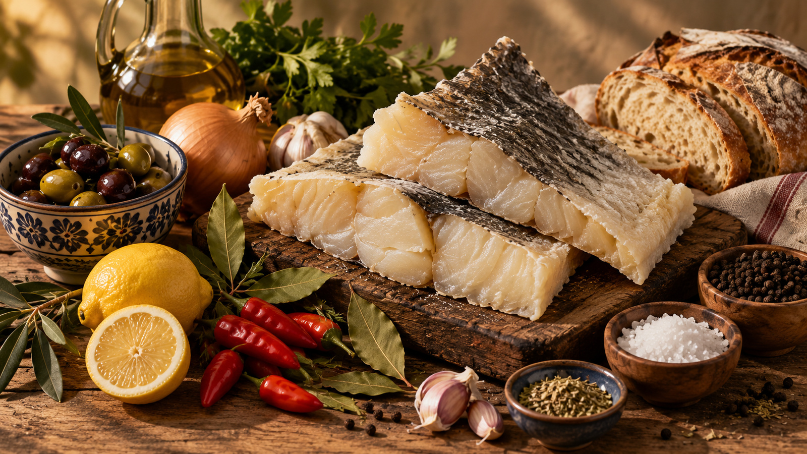 Ingredientes portugueses — aceite, pan, bacalao, vino y despensa tradicional