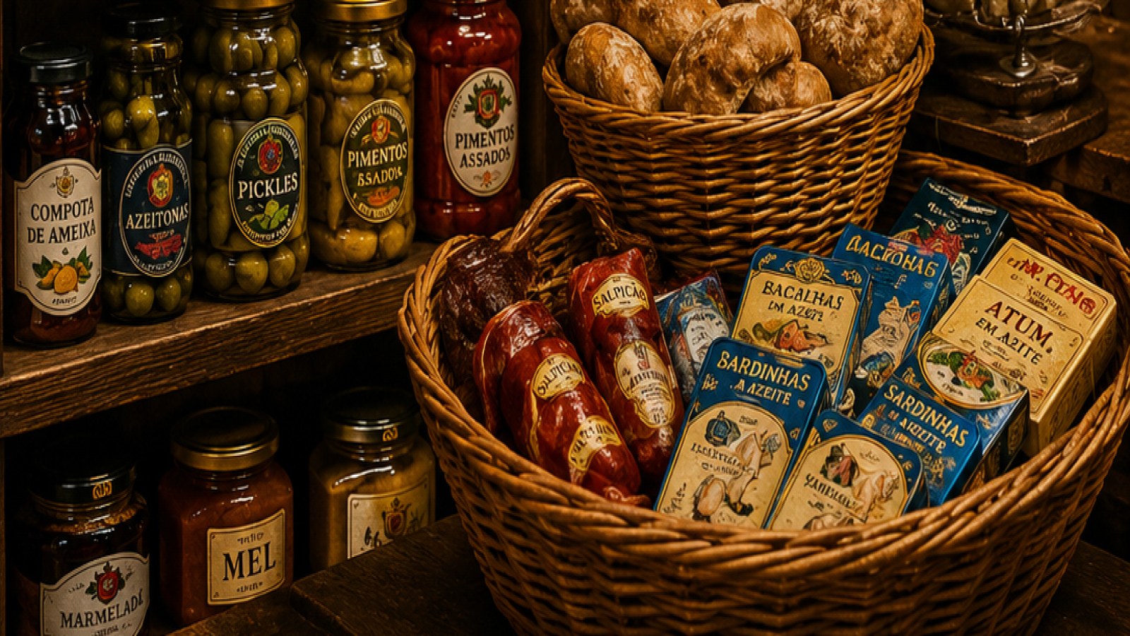 Estanterías de ultramarinos portugueses con aceite, conservas y embutidos