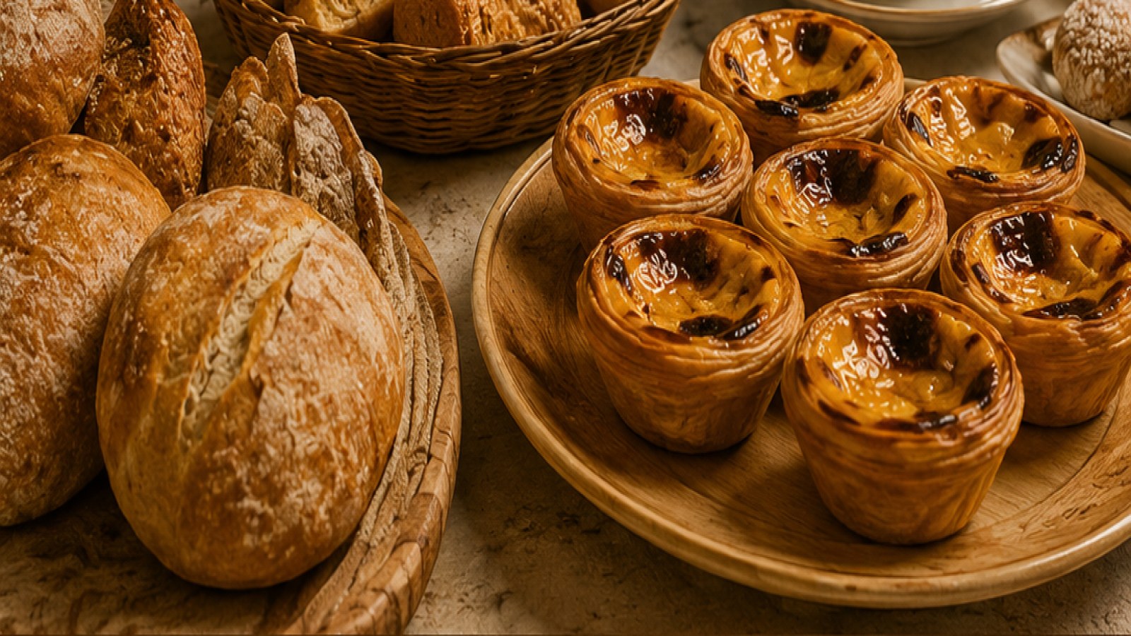 Pastéis de nata y pan portugués en una pastelería
