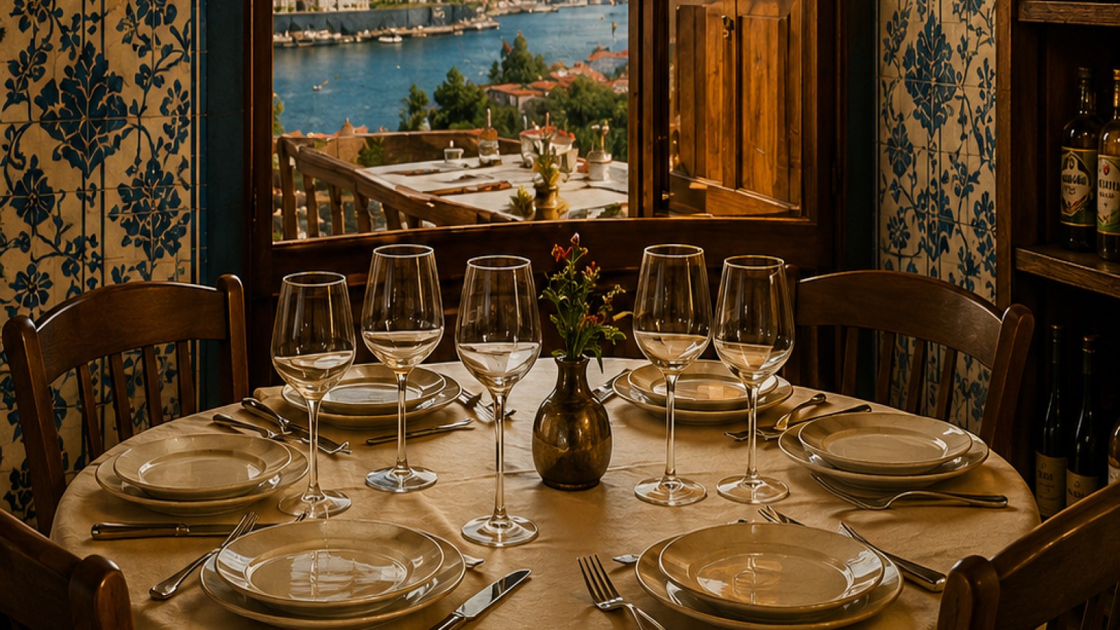 Mesa puesta en un restaurante portugués, con azulejos