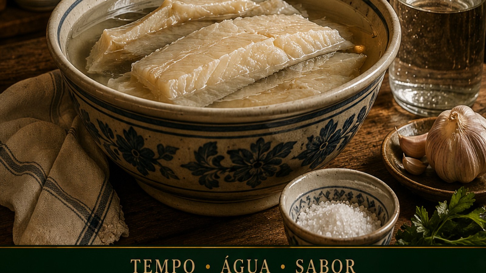 Piezas de bacalao en desalado en recipiente con agua fría en cocina portuguesa