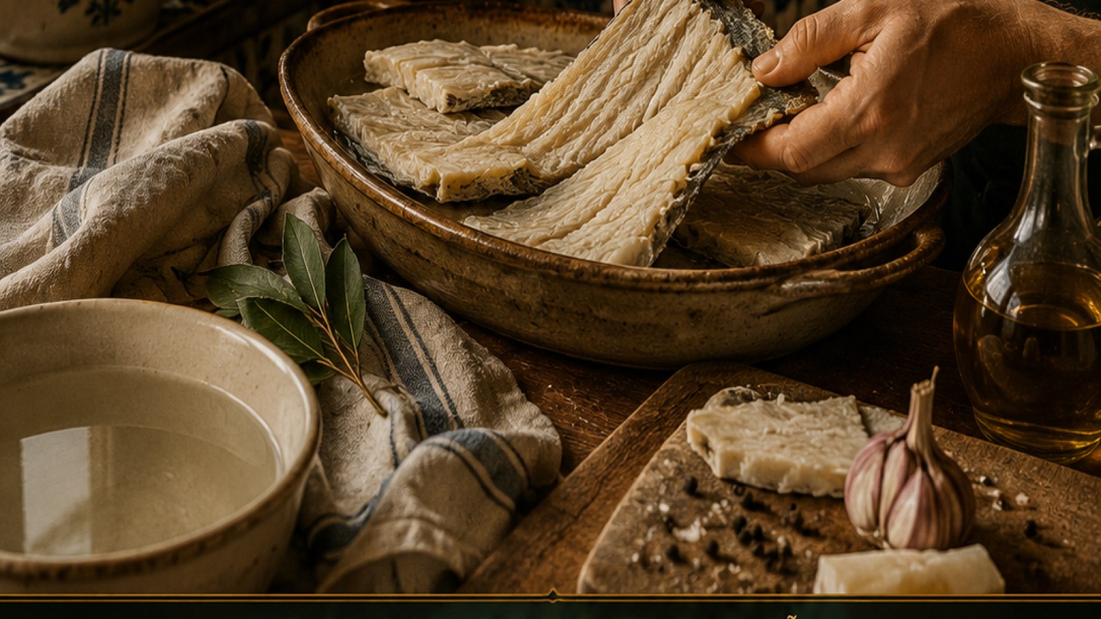 Bacalao sumergido en recipiente limpio antes de la desalación