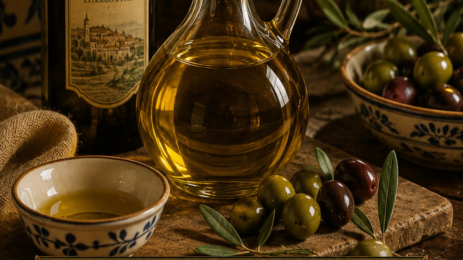 Detalle de aceite portugués en botella y copa con mesa rústica elegante