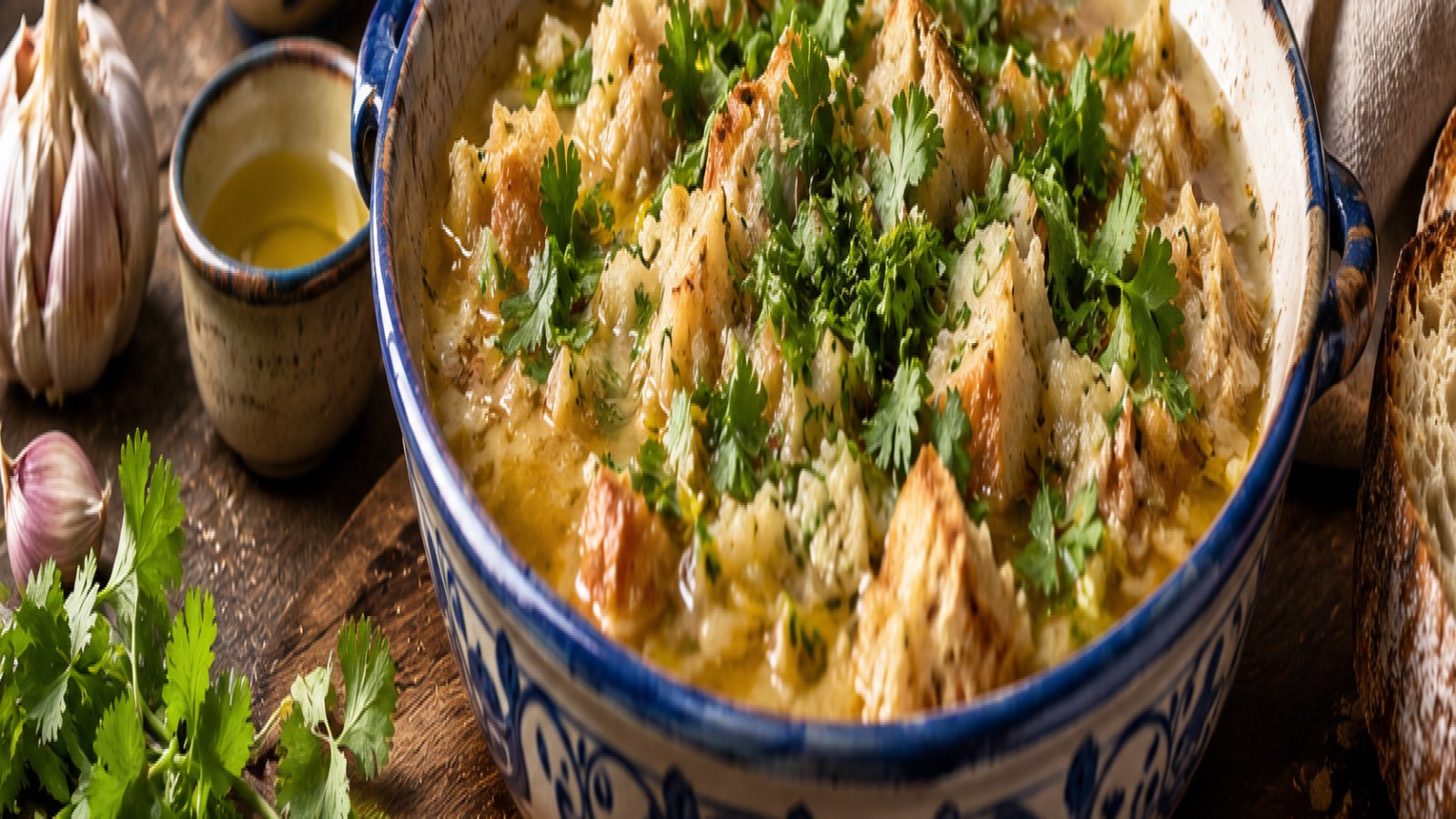 Cómo hacer açorda portuguesa con pan, ajo, aceite y cilantro