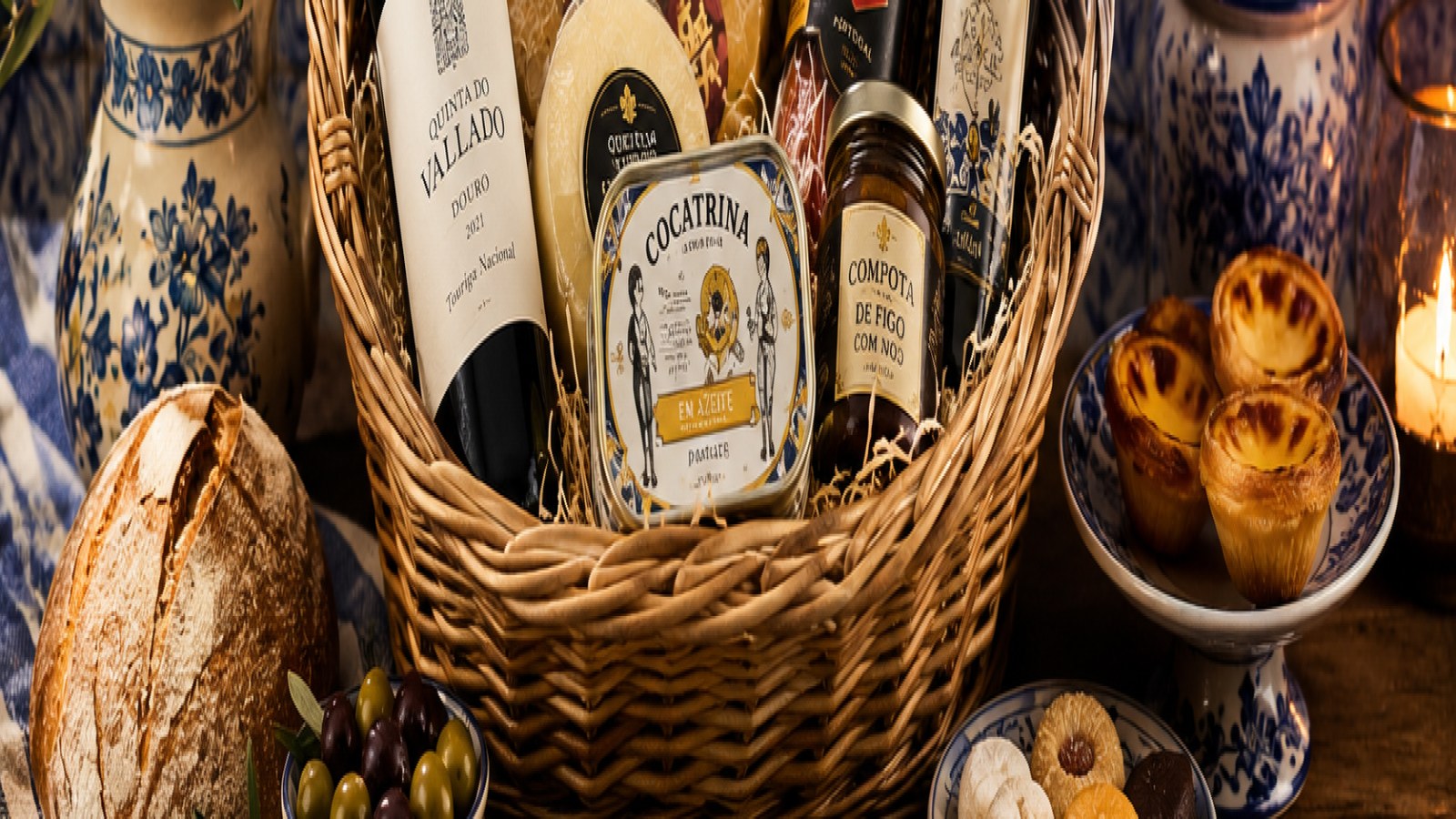 Cesta premium con productos portugueses, vinos, aceite, conservas, quesos, embutidos, dulces y pan