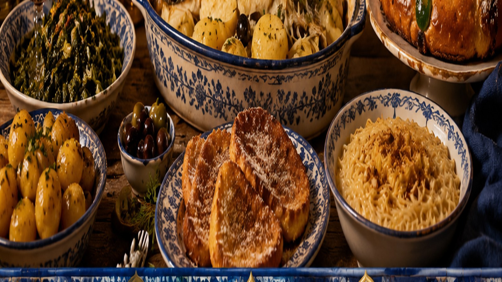 Mesa y menú portugués de Navidad con bacalao, coles, patatas, dulces tradicionales y ambiente festivo
