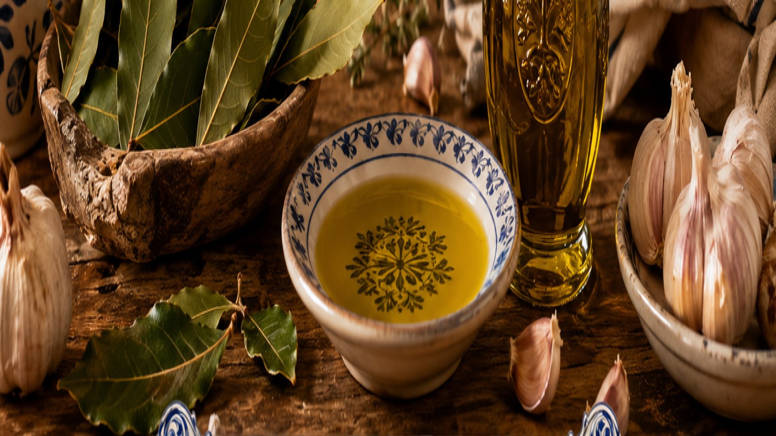 Laurel, ajo y aceite portugueses en composición gastronómica premium con cerámica y elementos tradicionales del Empório Portugal