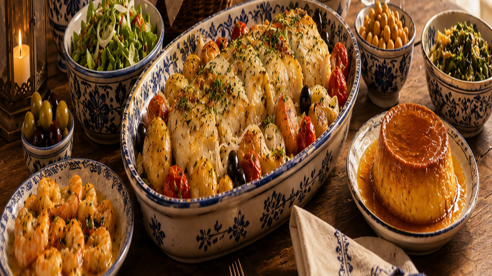 Mesa con menú portugués completo para almuerzo de domingo, con platos tradicionales, acompañamientos, vino y postre en composición premium del Empório Portugal
