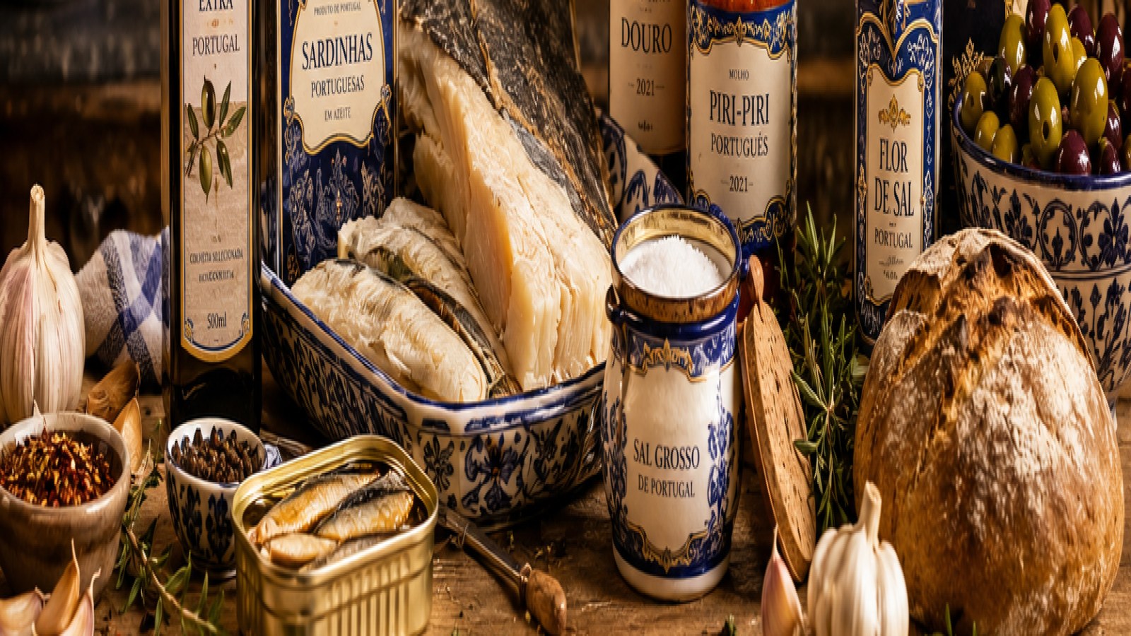 Productos portugueses esenciales para la despensa, con aceite de oliva, conservas, bacalao, piri-piri, flor de sal e ingredientes tradicionales en composición premium del Empório Portugal