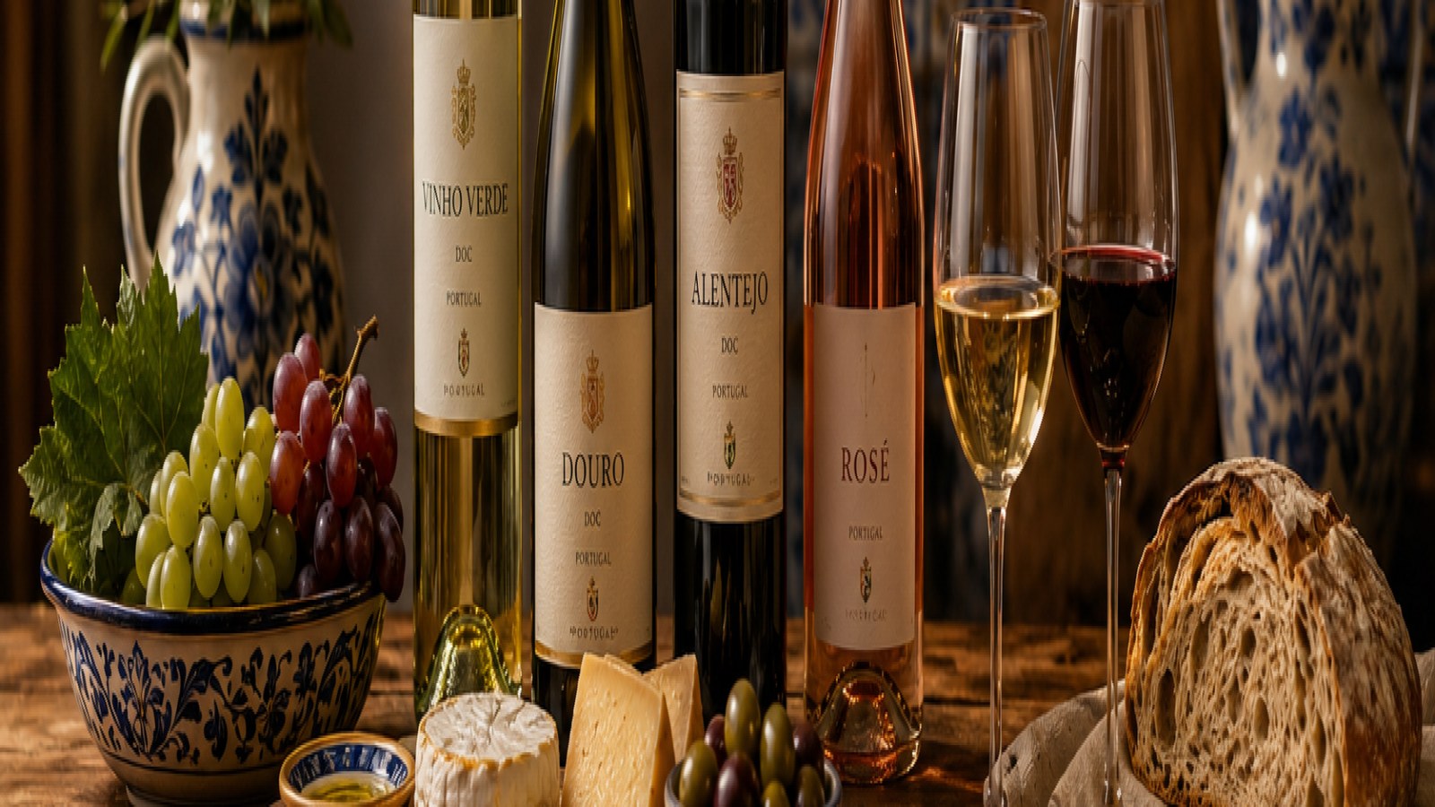 Mesa portuguesa con vinos para principiantes — botellas, copas y aperitivos en composición editorial del Empório Portugal