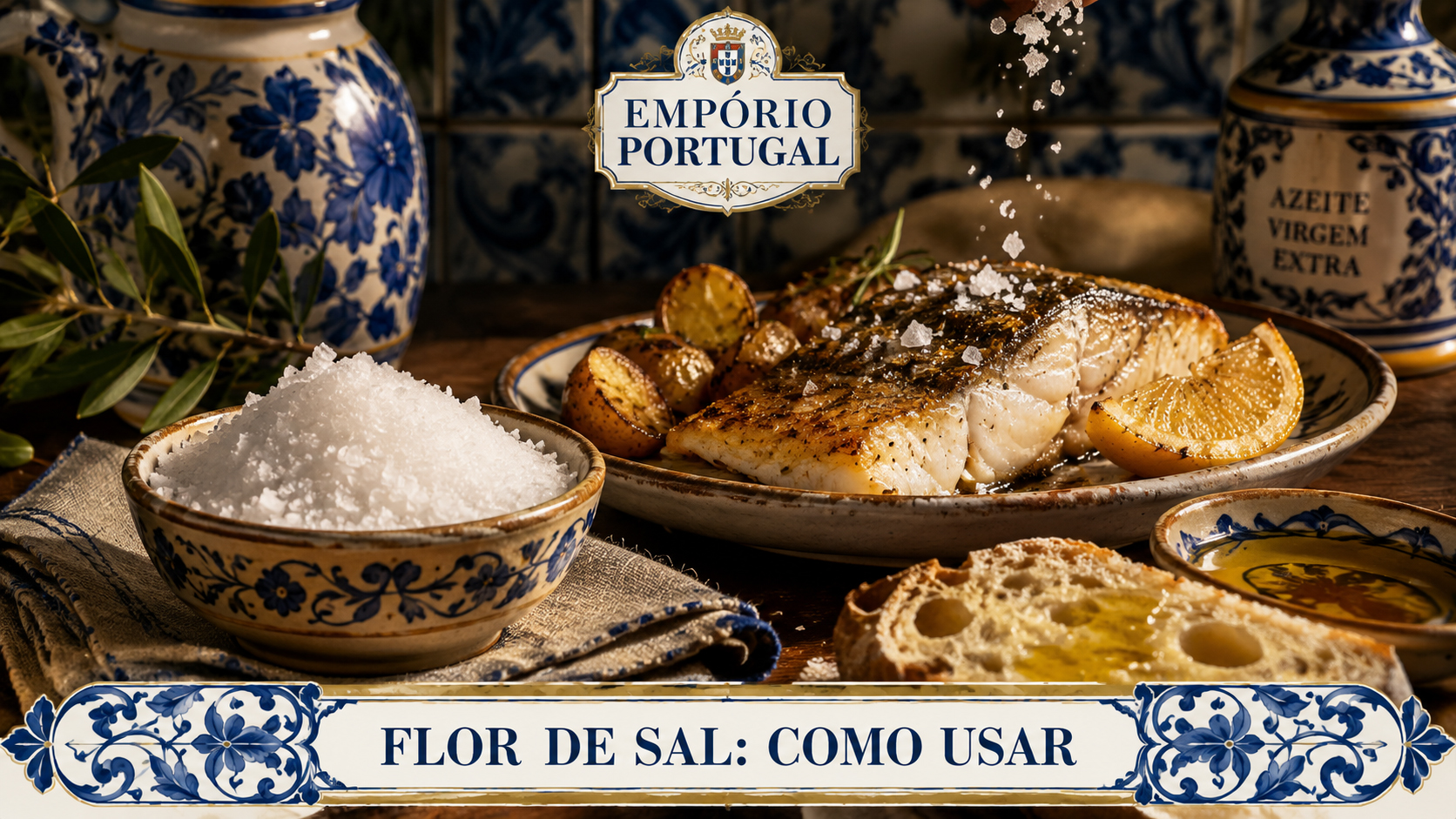 Flor de sal portuguesa sendo utilizada na finalizacao de peixe, batatas e pao com azeite em composicao gastronomica premium do Empório Portugal