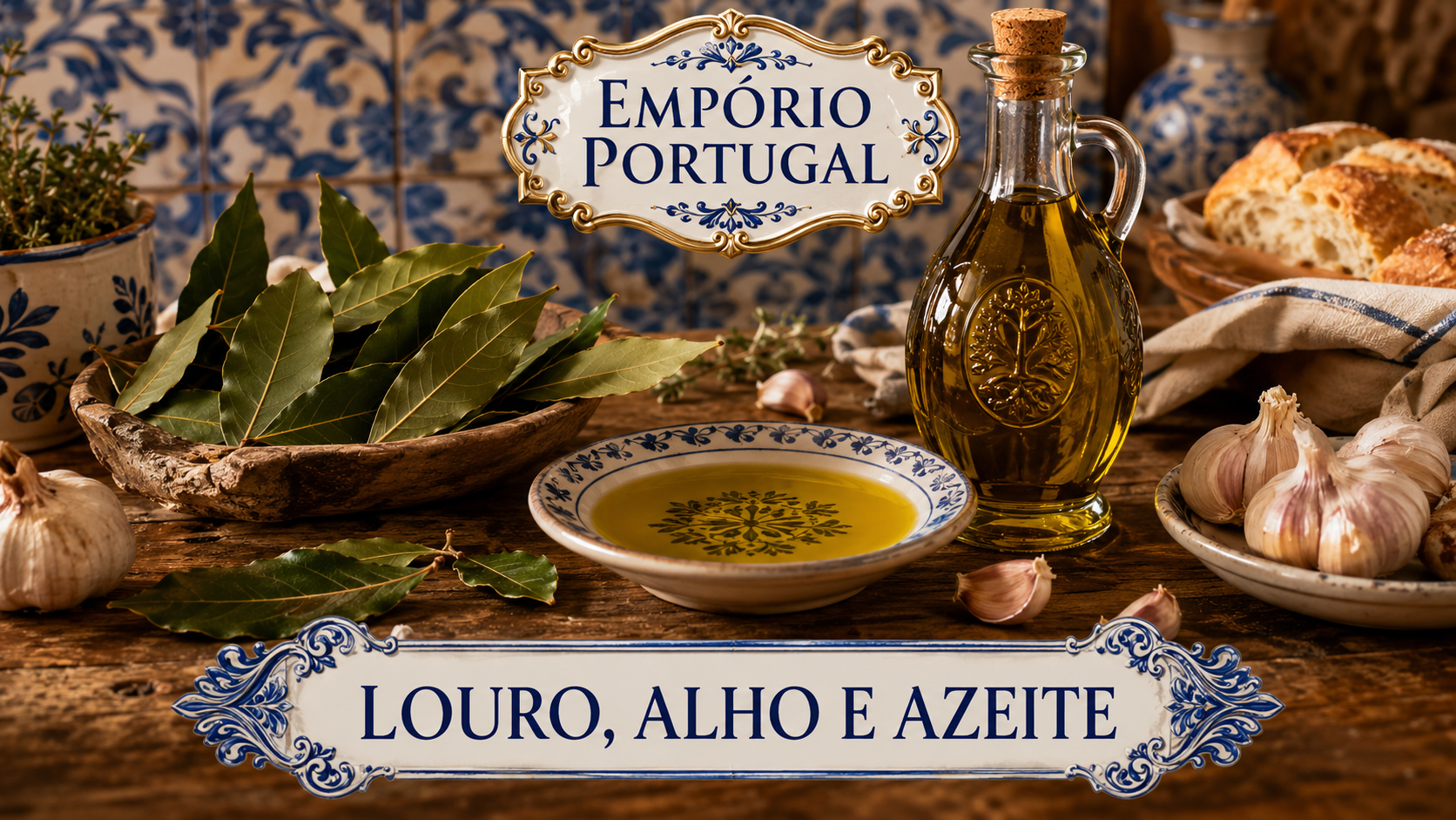 Louro, alho e azeite portugues em composicao gastronomica premium com ceramica e elementos tradicionais do Empório Portugal