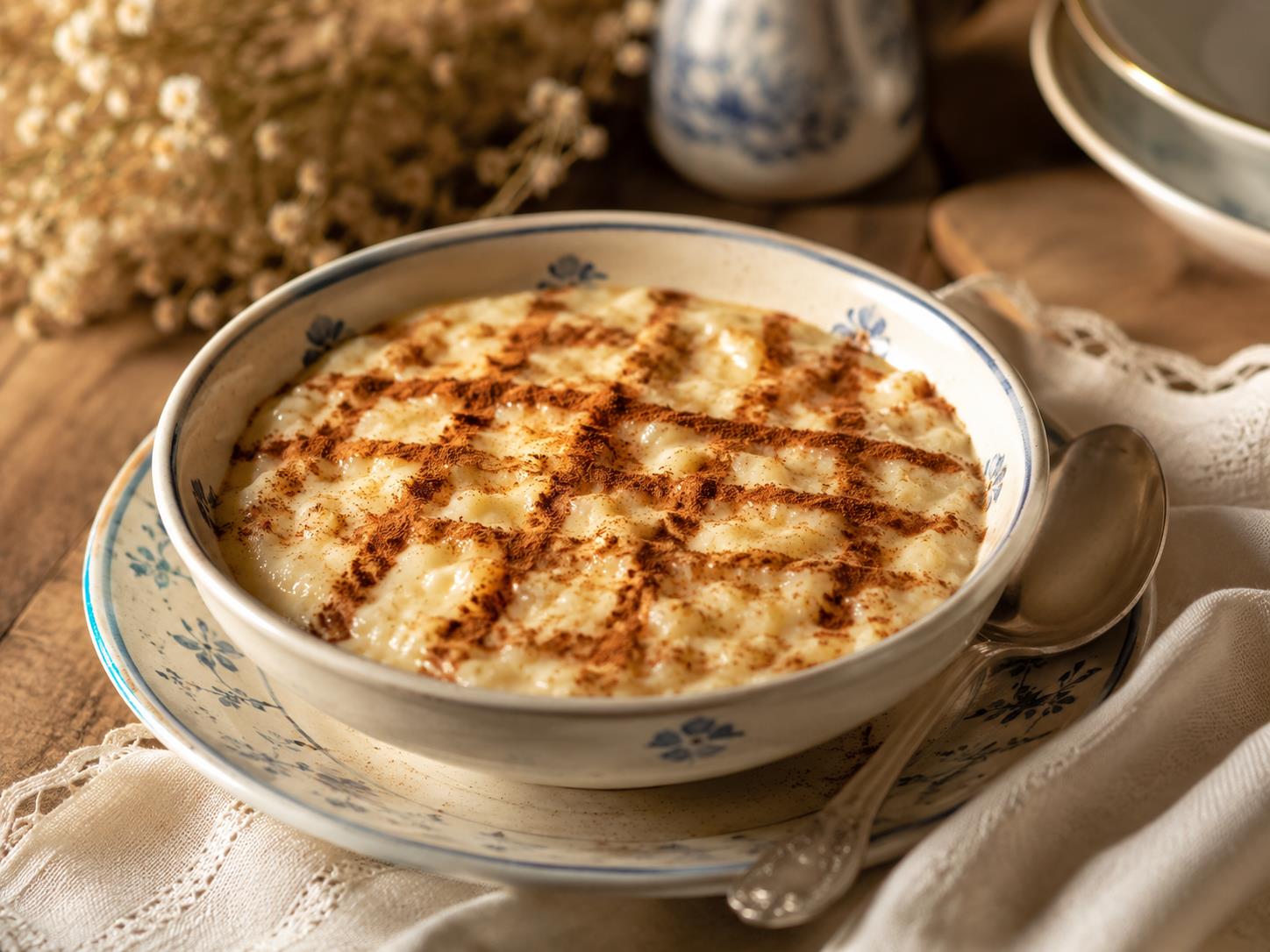 Doces portugueses tradicionais — arroz doce em estilo editorial premium